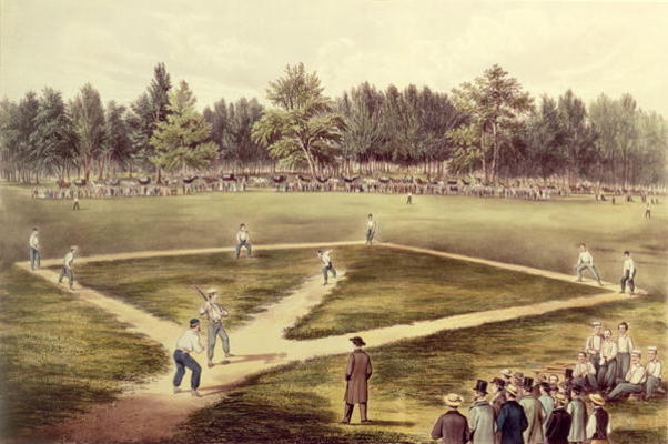 The American National Game of Baseball - Grand Match at Elysian Fields, Hoboken, NJ, 1866 (colour li a N. Currier