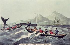 The Whale Fishery 'Laying on', 1852 (litho)