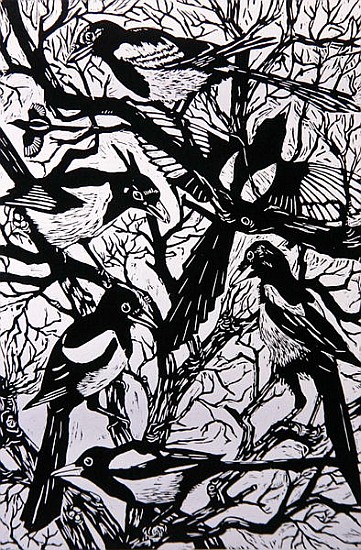 Magpies, 1997 (woodcut)  a Nat  Morley