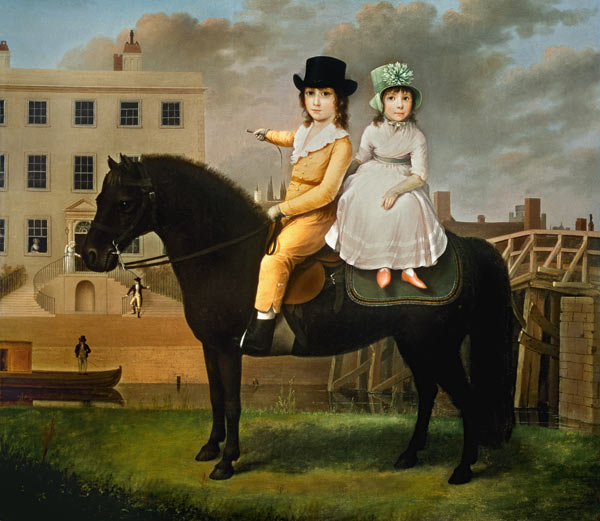 Two Children Seated On A Black Pony a Nathan Theodore Fielding