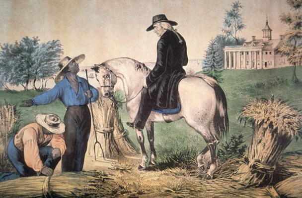 George Washington (1732-99) on his Mount Vernon estate with his black field workers in 1757, publish a Nathaniel Currier