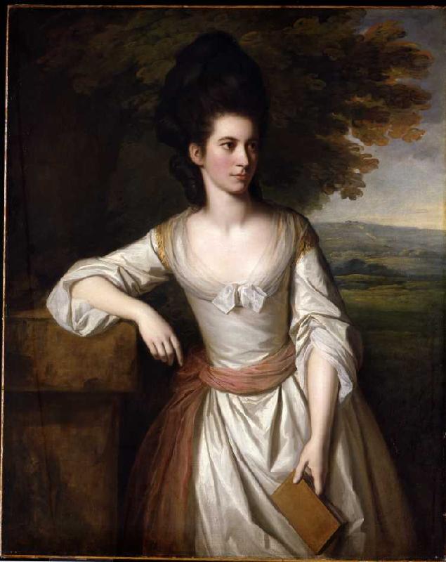 Mrs. Vere in einem weißen Kleid mit pinker Schleife, ein Buch in ihrer Linken haltend, eine Landscha a Nathaniel Dance