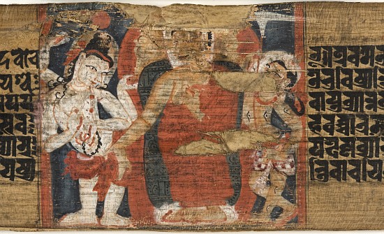 Folio 126b Buddha's Descent from the Heaven, from the 'Astasahasrika Prajnaparamita' a Scuola Nepalese