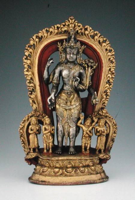 Jatamukuta Lokesvara, Khasa Malla Kingdom (1100-1484) (parcel gilt, copper alloy & pigment) a Scuola Nepalese