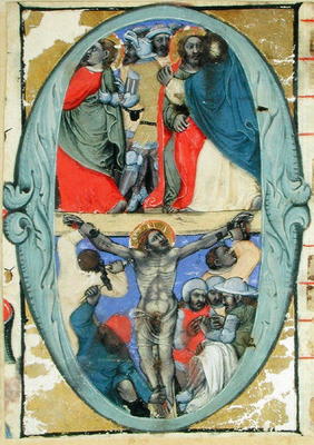 Historiated initial 'O' depicting the Kiss of Judas and the Crucifixion, c.1370 (vellum) a Niccolo di Giacomo
