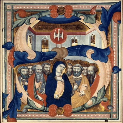 Historiated initial 'S' depicting the Descent of the Holy Spirit, mid 14th century (vellum) a Niccolo di ser Sozzo Tegliacci