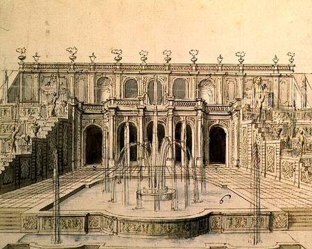 The Great Cascade in the lower park at Peterhof, 1720 (pen, brush a Niccolo Michetti