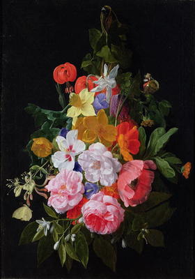 A Swag of Roses and other Flowers Hanging from a Nail (oil on canvas) a Nicholaes van Verendael
