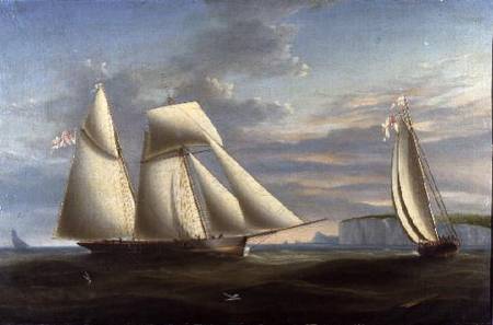 A topsail schooner and a schooner of the Royal Yacht Squadron off the coast of Dorset (panel) a Nicholas Condy