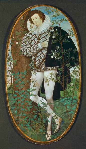 A Young Man Leaning Against a Tree Among Roses (16th century)(miniature) a Nicholas Hilliard