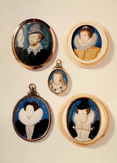 Miniatures, from L to R, T to B: Man with a Hand from a cloud; Unknown Young Man, 1588; Mrs Holland a Nicholas Hilliard