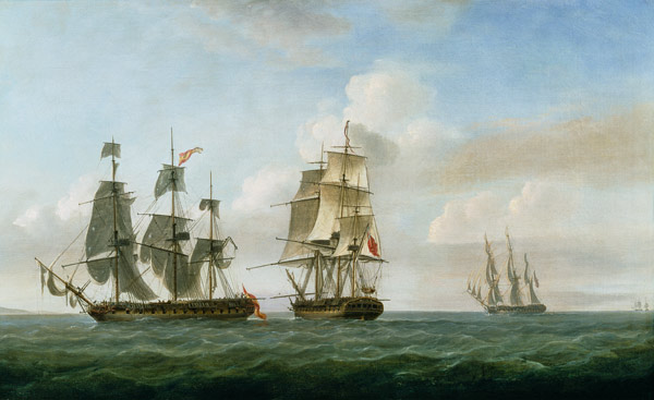 The Spanish frigate 'La Fama' having outsailed the 'Medusa' engages with and surrenders to H.M.S. 'L a Nicholas Pocock