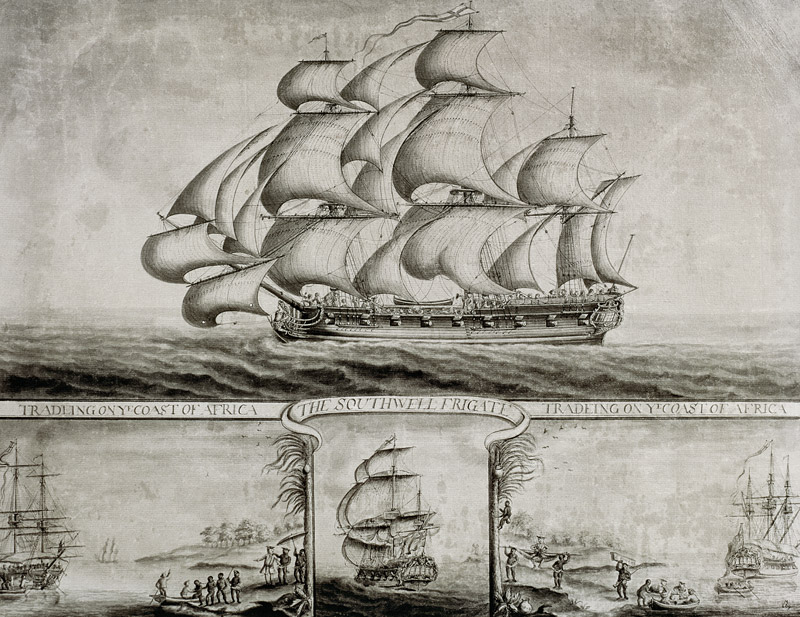 View of the Southwell Frigate Trading on the Coast of Africa, c.1760 (pen & ink and wash) a Nicholas Pocock
