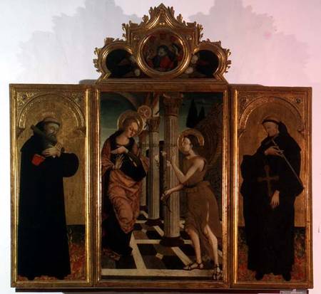 Triptych: central panel depicting the Annunciation with God above and side panels bearing the figure a Nicola de Maestro Antonio