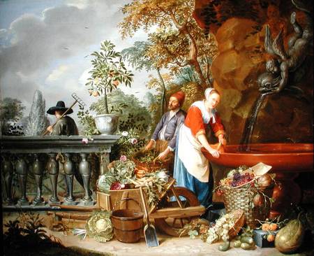 A Maid Washing Carrots at a Fountain with Two Gardeners at Work a Nicolaas or Nicolaes Muys