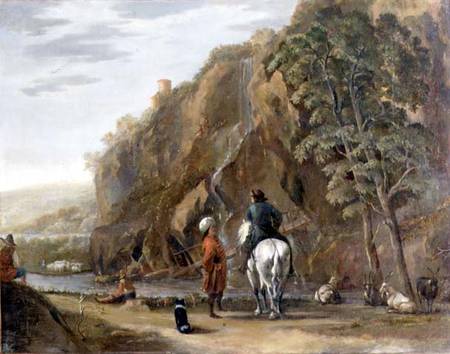 Paesaggio italiano con persone e un cavallo sulla strada a Nicolaes Berchem