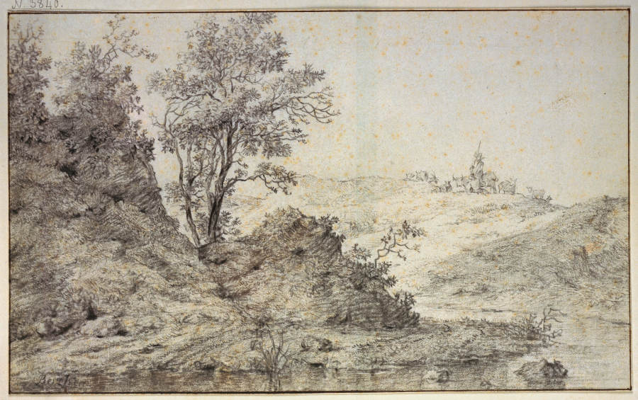 Landschaft mit Wasser, auf dem Hügel Hirte und Hirtin mit Vieh a Nicolaes Berchem