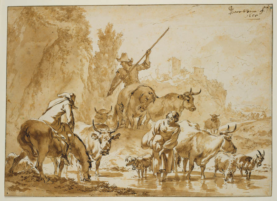 Zwei Hirten zu Pferde treiben Vieh durchs Wasser, die Hirtin mit einem Sack wartet hindurch a Nicolaes Berchem