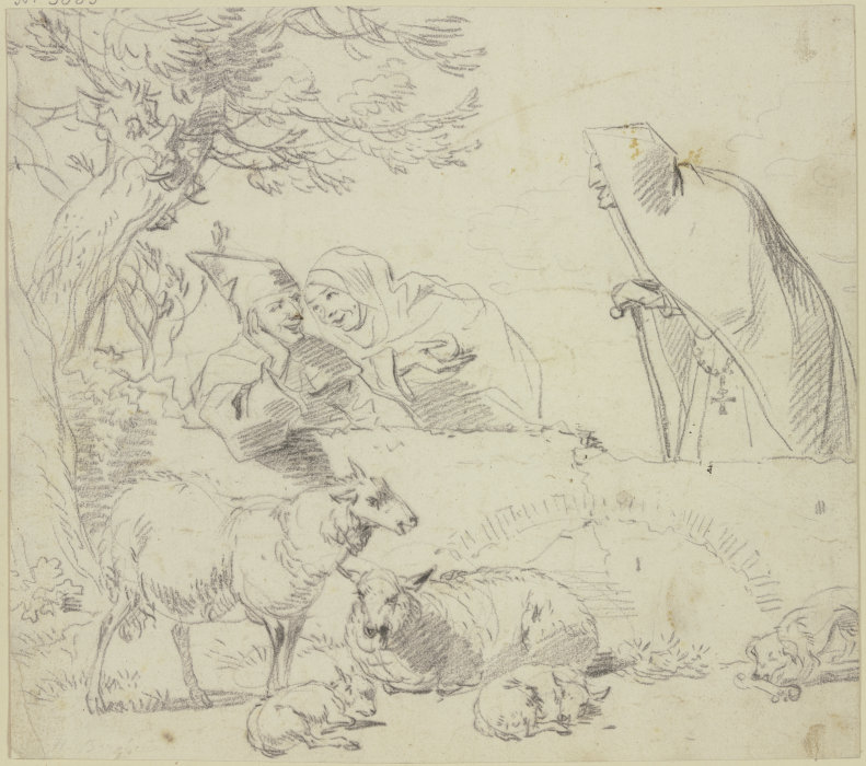Zwei Nonnen bei einem Hirten, dabei zwei alte und zwei junge Schafe und ein Hund a Nicolaes Berchem