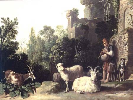 Goatherd playing the bagpipes (panel) a Nicolaes  Cornelisz Moeyaert