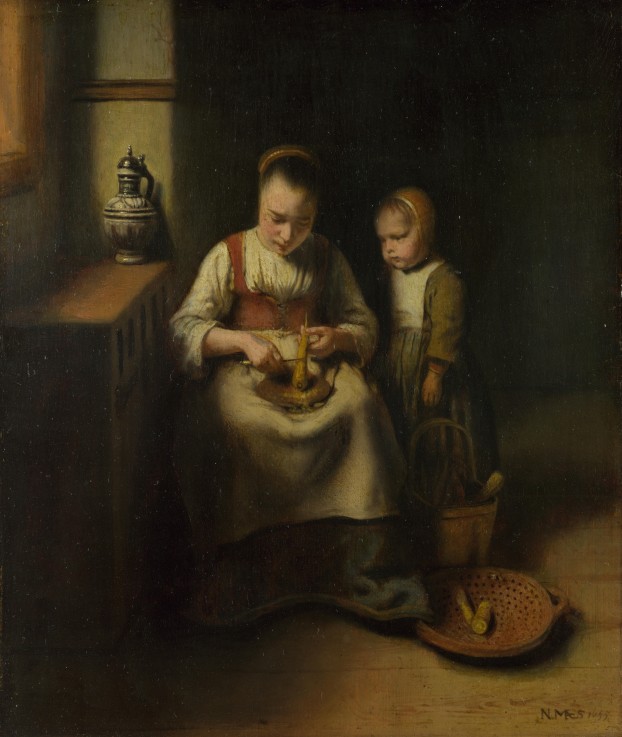A Woman scraping Parsnips, with a Child standing by her a Nicolaes Maes