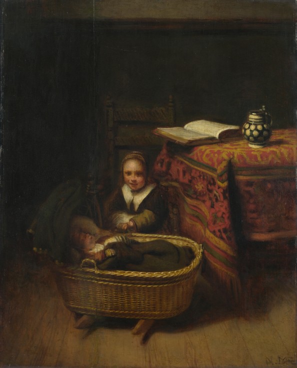 A Little Girl rocking a Cradle a Nicolaes Maes