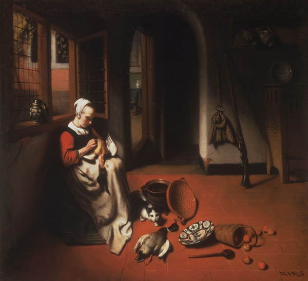 Frau, die eine Ente rupft. a Nicolaes Maes