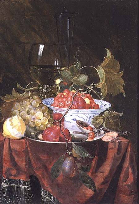 Still life with wild strawberries, plums, grapes and a lemon on a draped ledge a Nicolaes Van Gelder
