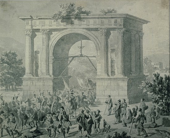 The entrance of French troops to A''Osta in May 1800 (pen, ink & wash on paper) a Nicolas Antoine Taunay