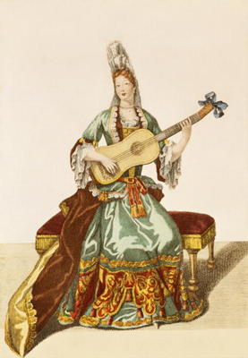 Lady of Quality Playing the Guitar, fashion plate, c.1695 (engraving) a Nicolas Bonnart