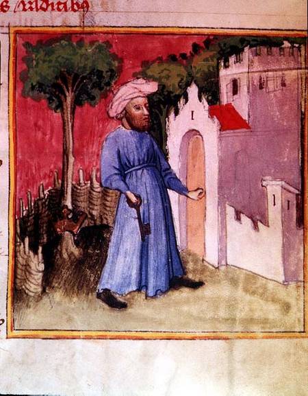 Allegorical illustration showing an Arab unlocking the gate of Knowledge, reputedly written and illu a Nicolas Flamel