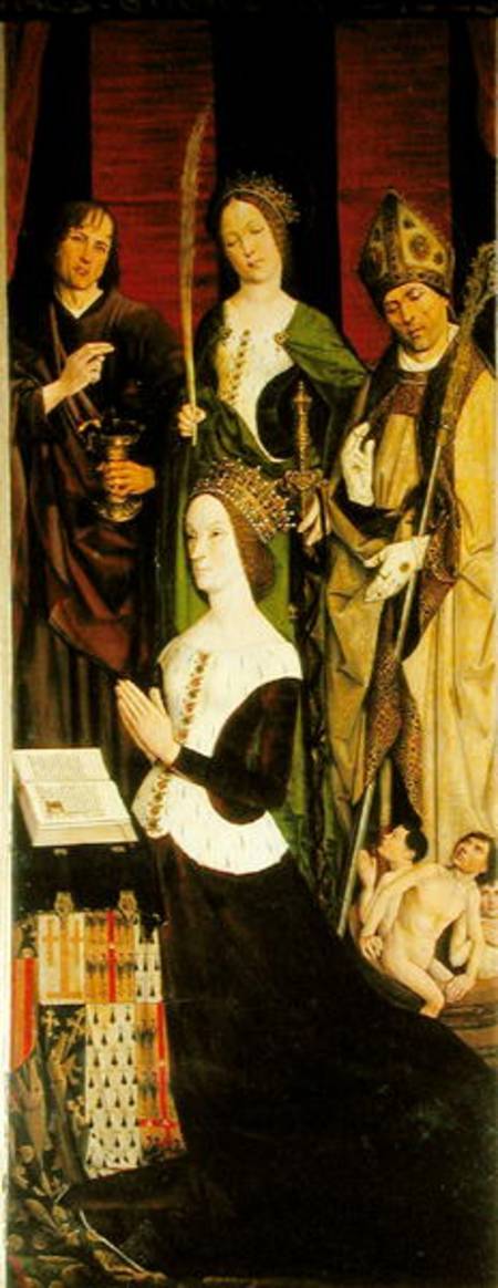 Triptych of Moses and the Burning Bush, right panel depicting Jeanne de Laval (d.1498) with St. John a Nicolas Froment