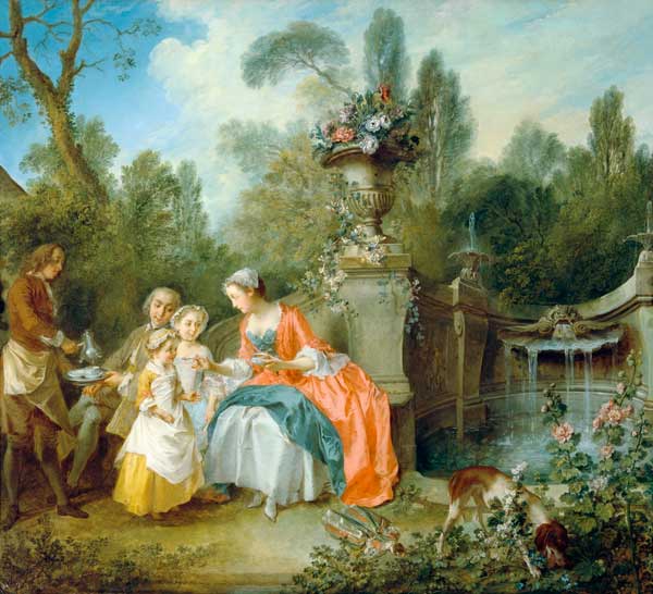 A lady in the garden who drinks coffee with some children a Nicolas Lancret