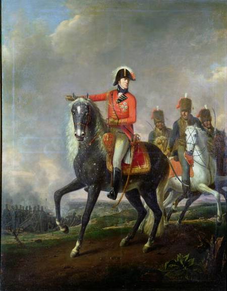 Equestrian portrait of the Duke of Wellington with British Hussars on a battlefield a Nicolas Louis Albert Delerive