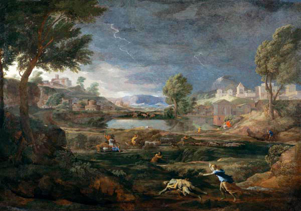 Thunderstorm countryside with Pyramus and Thisbe a Nicolas Poussin