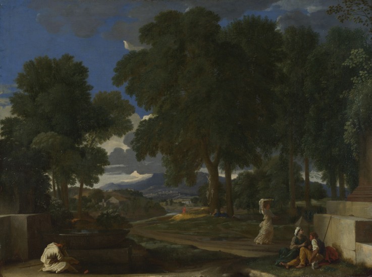 Landscape with a Man washing his Feet at a Fountain a Nicolas Poussin