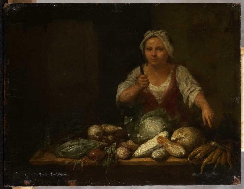 Eine Köchin putzt Gemüse. a Nicolas van Haften
