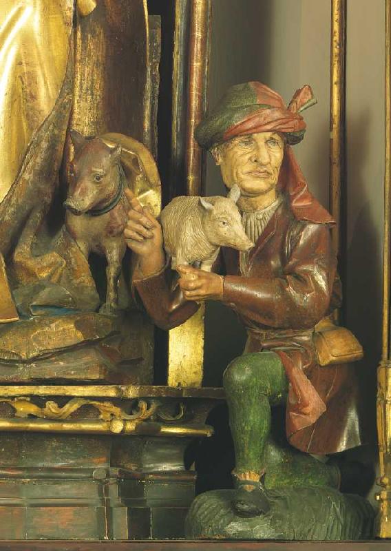 Isenheimer Altar, Detail: Mann mit Schwein (zu Füßen des Hl. Augustinus). a Niklaus von Hagenau