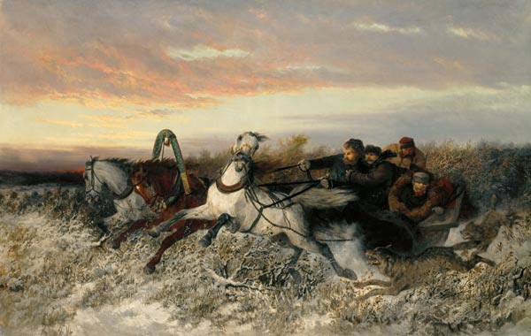 Pferdeschlitten, von Wölfen verfolgt a Nikolai Egorevich Sverchkov