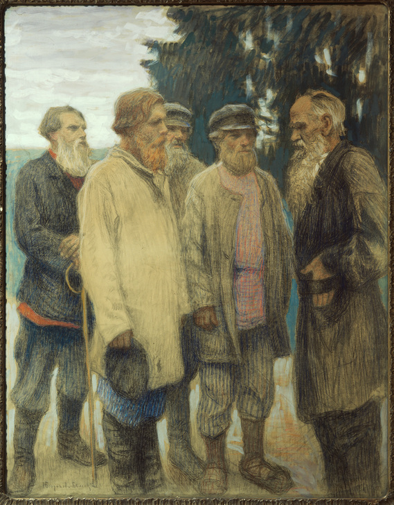 Der Schrifsteller Leo Tolstoj mit Bauern. a Nikolai P. Bogdanow-Bjelski
