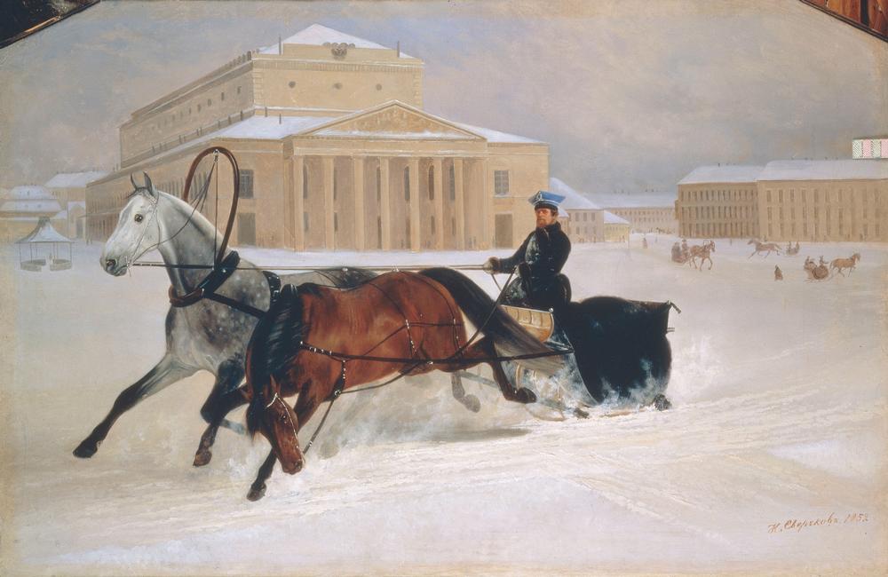 Sleigh ride in front of the Bolshoi Theatre in Moscow a Nikolai Jegorjewitsch Swertschkow