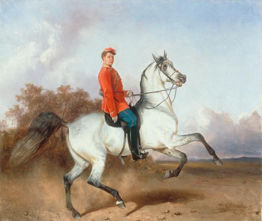 Equestrian portrait of a hussar a Nikolai Jegorjewitsch Swertschkow