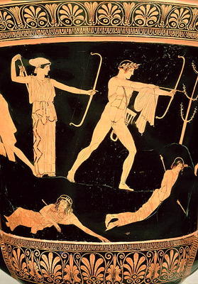 The Death of the Niobids, detail from an Attic red-figure calyx-krater, c.450 BC (pottery) (detail o a Niobid Painter