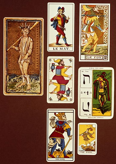 0 The Fool, seven tarot cards from different packs a 