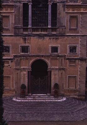 View of the rear facade, detail of the first floor entrance and loggia, designed for Cardinal Pietro a 