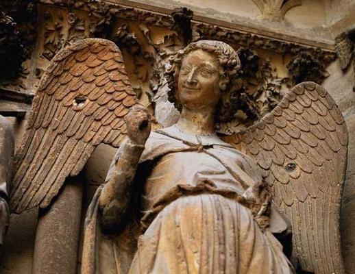 Detail of one of St. Nicaise's angels, Sculpture from exterior west facade, 14th century (stone) (se a 