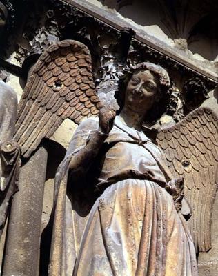 Detail of one of St. Nicaise's angels, sculpture from exterior West Facade, 14th century (stone) a 