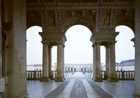 The Loggia di Davide (or D'Onore) designed by Giulio Romano (1499-1546), 1524-34, looking through to a 