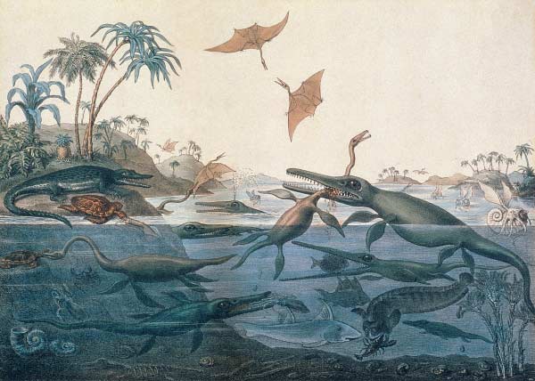 Duria antiquior (Ancient Dorset) depicting a imaginative reconstruction of the life of the Jurassic  a 