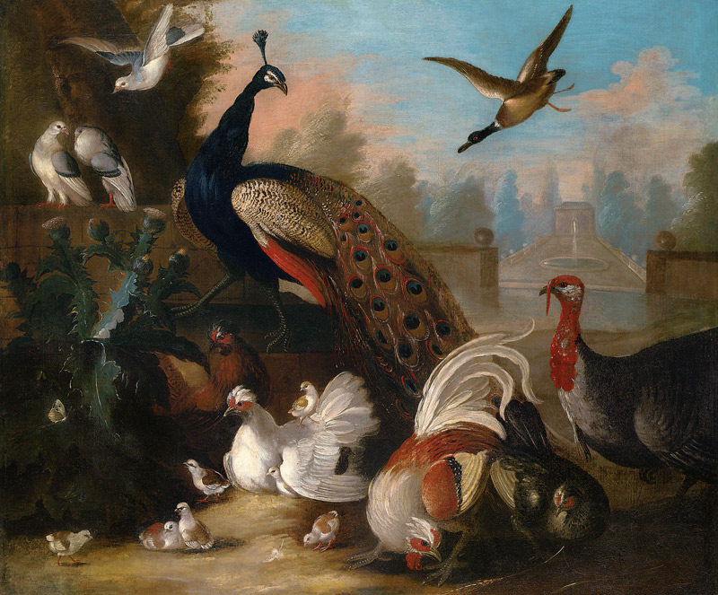 A Peacock And Other Birds In An Ornamental Landscape Attributed To Marmaduke Craddock (C a 